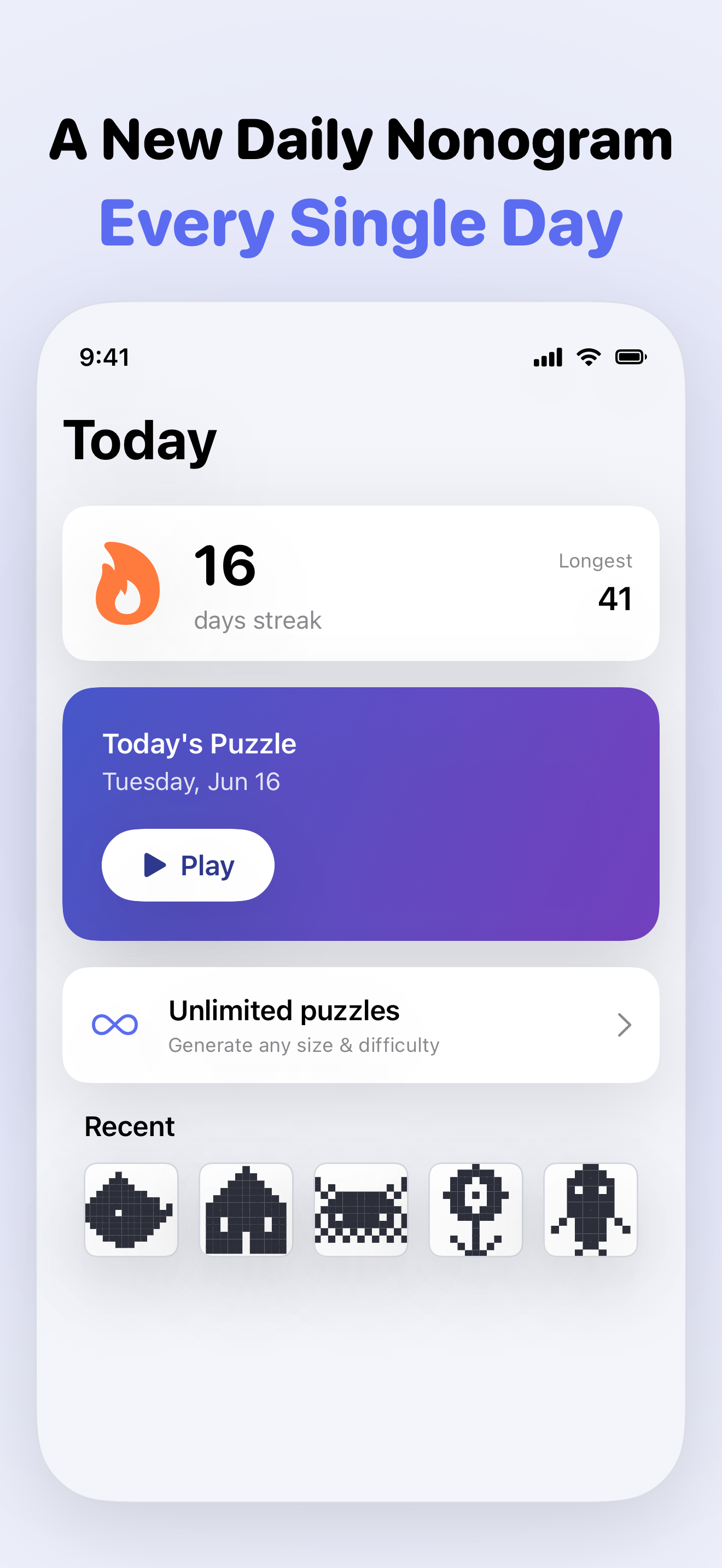NonoDay Today screen with daily puzzle and streak