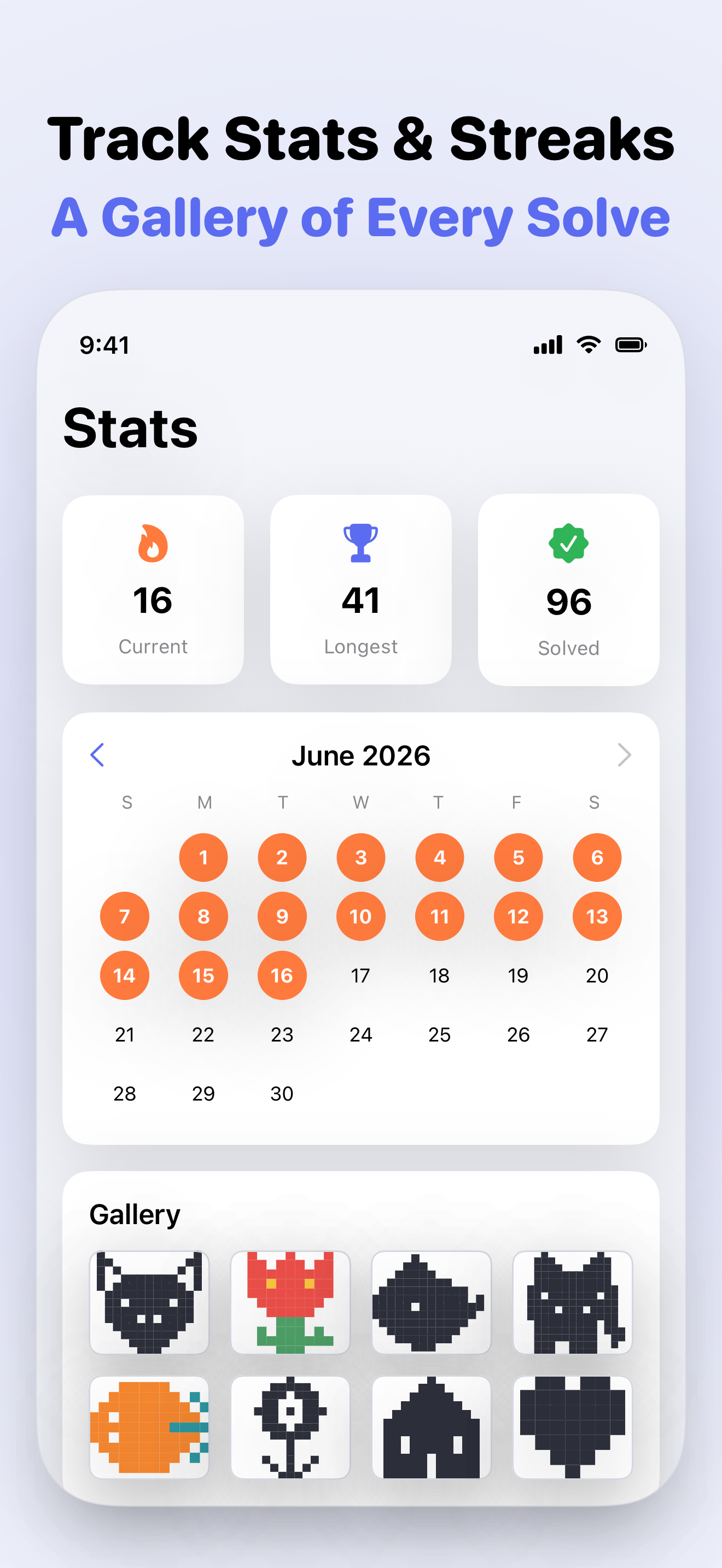 Streak calendar, solve-time stats and picture gallery