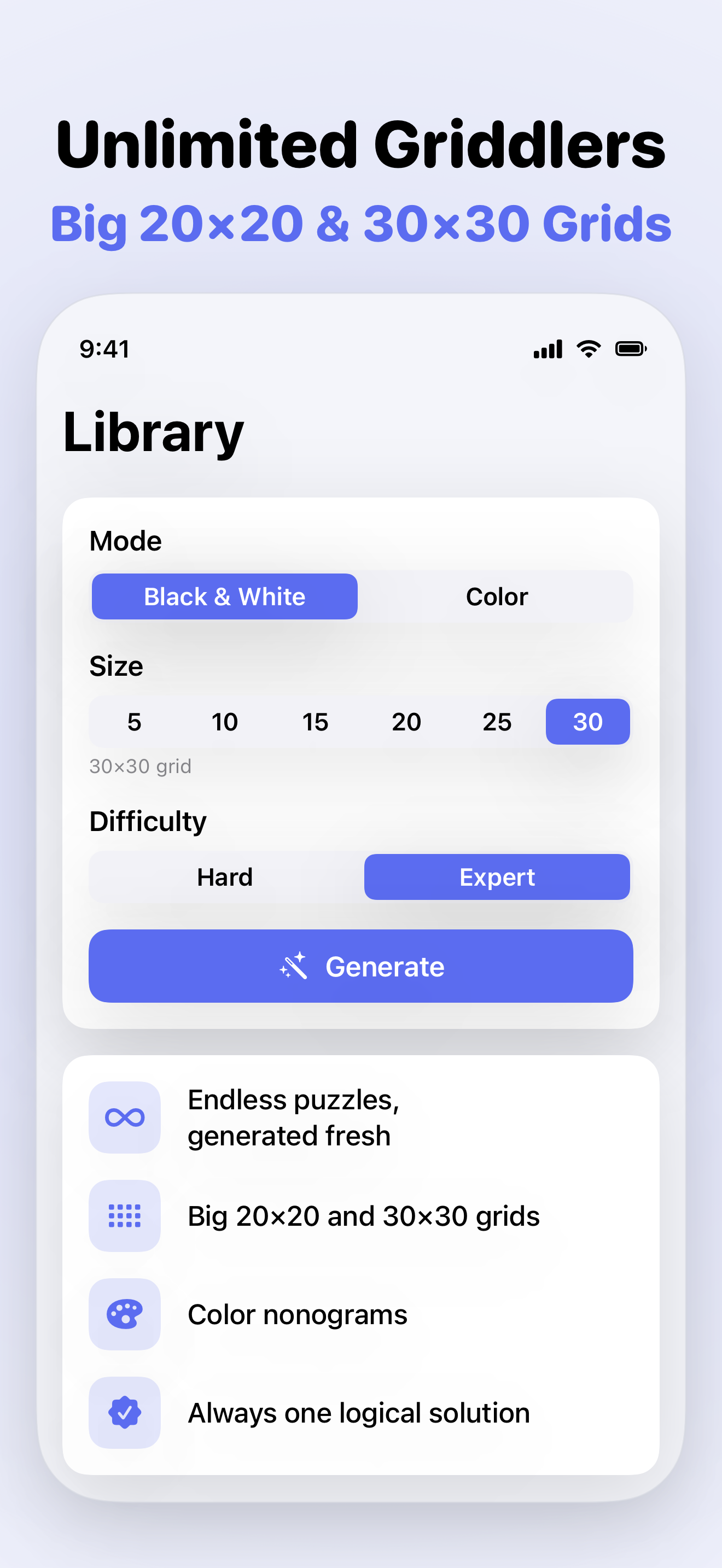 Unlimited generated puzzles up to 30x30